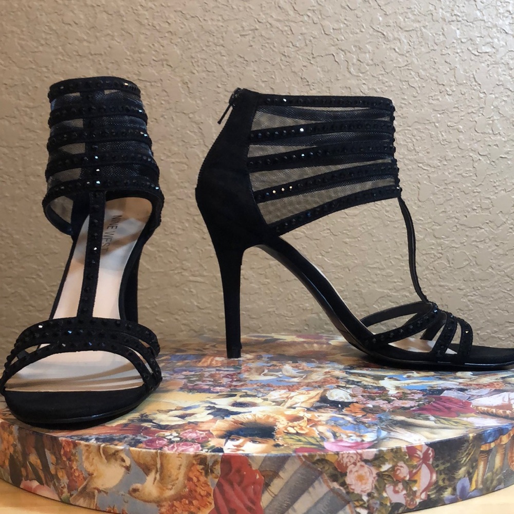 H319/Nine West Alderson Sexy Black Rhinestone Ankle Cuff Heels